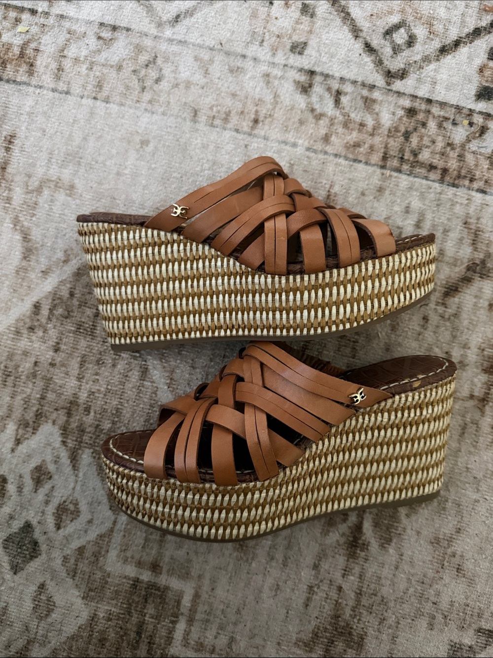 Sam Edelman Cognac Woven Leather Platform Wedge Sandals